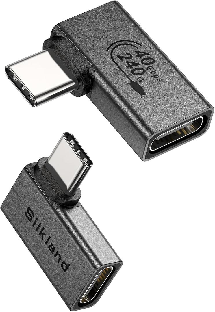 Silkland 90 Degree USB C Right Angle Adapter 2 Pack, 240W 40Gbps Male to Female USB-C Adapter Extender Compatible with Thunderbolt 4/3 for Steam Deck, ROG Ally, MacBook, Switch, iPhone 16/15, Quest 3