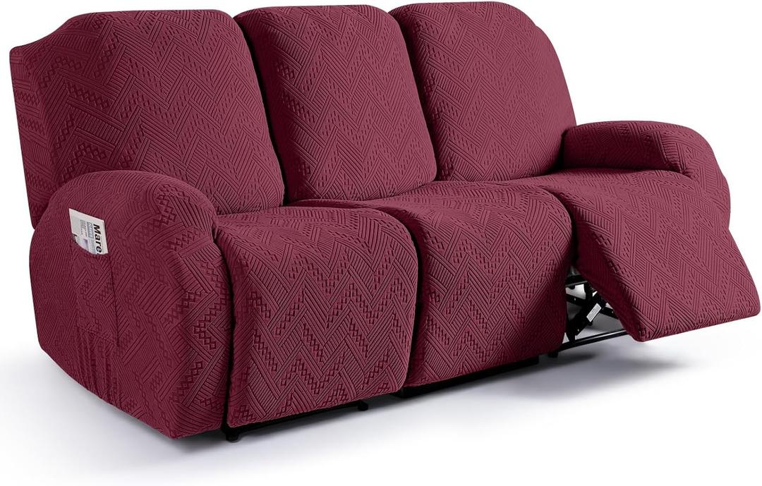 Ruaozz Recliner Sofa Covers Recliner Chair Covers Couch Covers for Reclining Couches with Pockets Washable Furniture Protector with Elastic Bottom (3 Seater, Wine)
