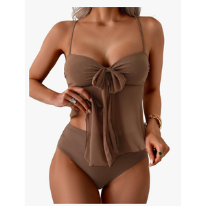 B2prity Womens Mesh Tankini Swimsuits Flowy Two Piece Bathing Suit V Neck Tie Knot Swim Top with High Waisted Bottom, Size: 2XL