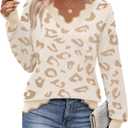 Zeagoo Women's 2025 Fall V Neck Sweater Casual Long Sleeve Lightweight Ribbed Knit Pullover Sweaters Dressy Casual Tops (XL, Z- Leopard Print)