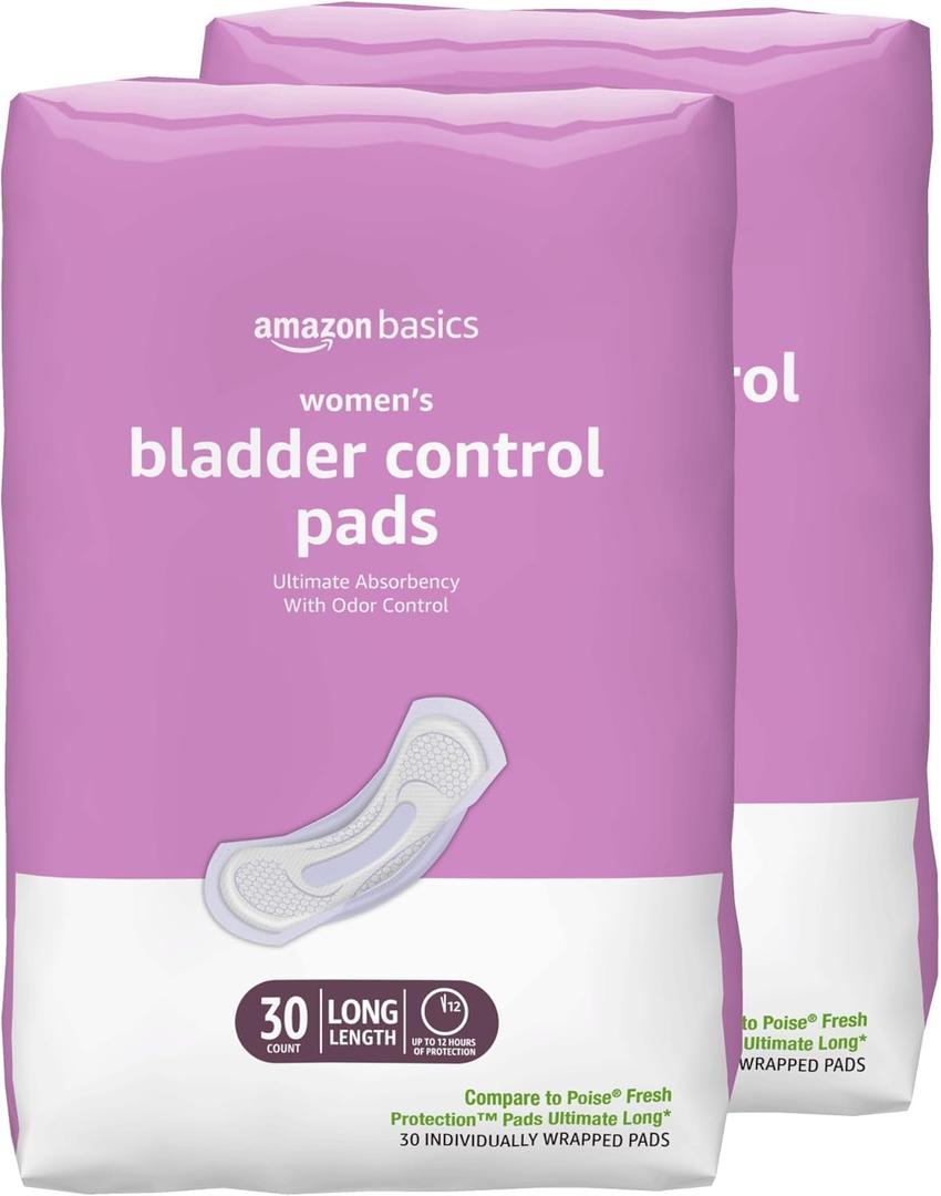 Amazon Basics Incontinence Pads for Women, Long, Bladder Control, Postpartum, Ultimate Absorbency, Unscented, with Odor Control, 60 Count (2 Packs of 30)