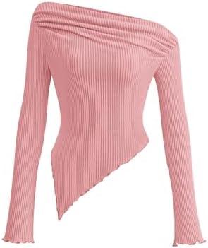 PRETTYGARDEN Women's Spring Long Sleeve Y2K Crop Top Trendy Off Shoulder Asymmetrical Fitted Knit Tee Shirts Going Out Tops, XL