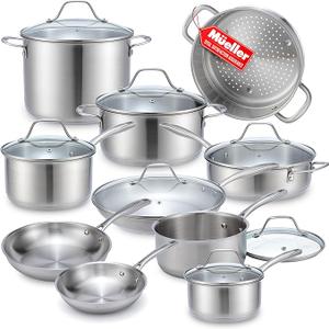 Mueller Pots and Pans Set of 6, Ultra-Clad Pro Stainless Steel Cookware Set, Ergonomic EverCool Handle, Induction Cookware, Includes Saucepans, Skillets, Dutch Oven, Stockpot, Steamer For Cooking