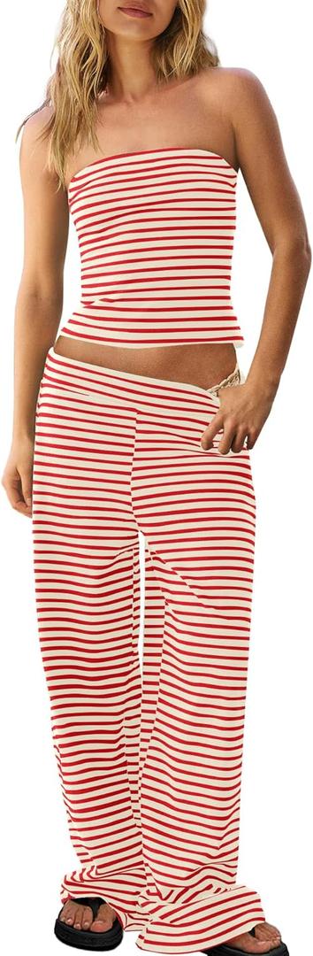 Panadila Womens Striped Two Piece Sets Summer Lounge Outfits Sailor Tube Top and Pants Matching Set Beach Vacation Travel Y2k (Size Medium, Red Combo)