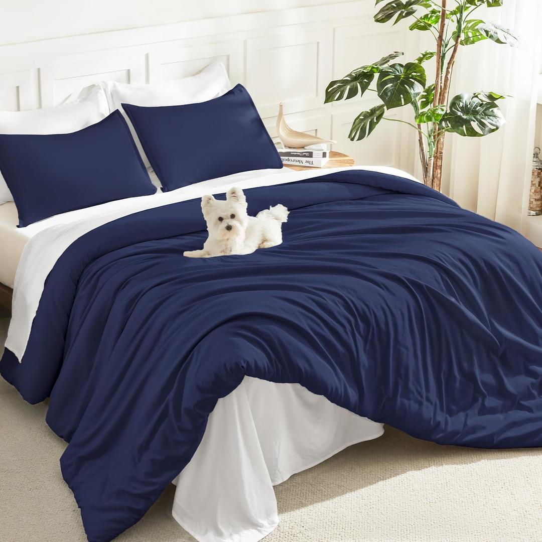 Litanika Navy Blue Comforter Set Full Size, 3 Pieces Boys Men Lightweight Solid Bedding Comforter Set, All Season Fluffy Down Alternative Bed Set (79x90In Comforter & 2 Pillowcases)
