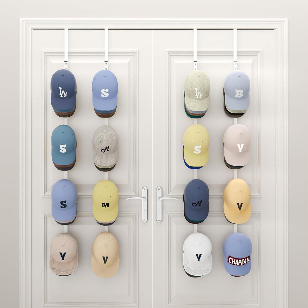 SWTYMIKI Over Door Hat Organizer - 4 Packs Metal Hanging Hat Rack with 16 Hooks Design, Baseball Cap Hanger Organizer Storage Holds up to 80 Caps for Door, Bedroom, Closet (white)
