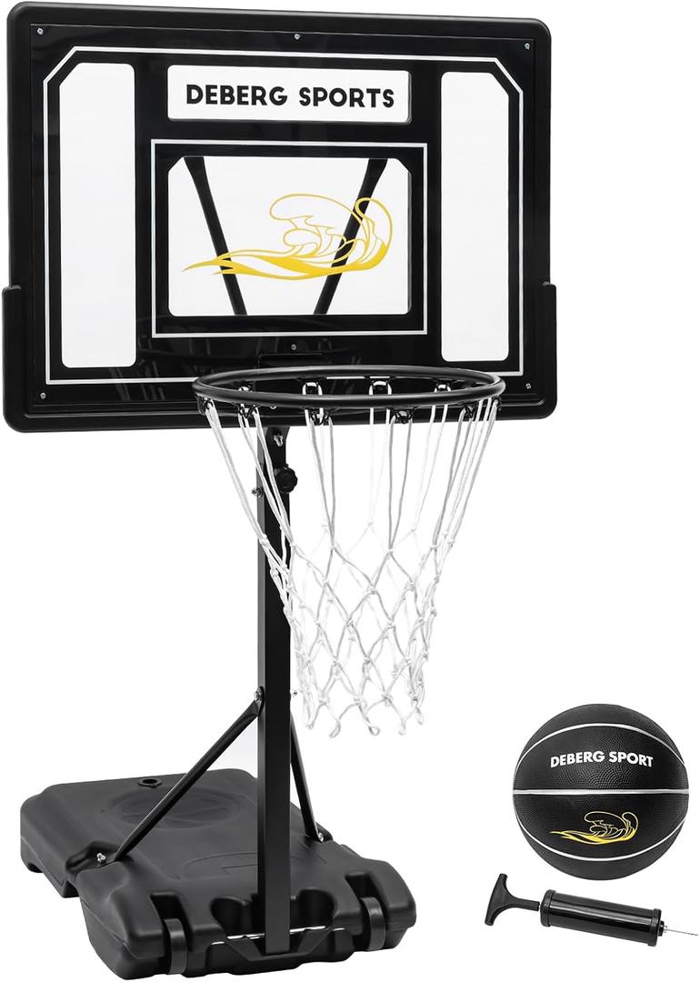 DEBERG Swimming Pool Basketball Hoop Set Height-Adjustable Portable Pool Basketball Hoop Poolside with Shatterproof Backboard and Stainless Steel Rim/Bracket, Includes a Ball and Air Pump, Can be easily adjusted from 3 to 4 feet