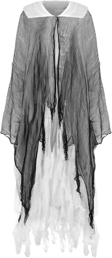 Halloween Tattered Cloak Retro Grim Reaper Cape Horror Wizard Tattered Cloak for Adult Halloween Cosplay Costume (Medium, White, Black)