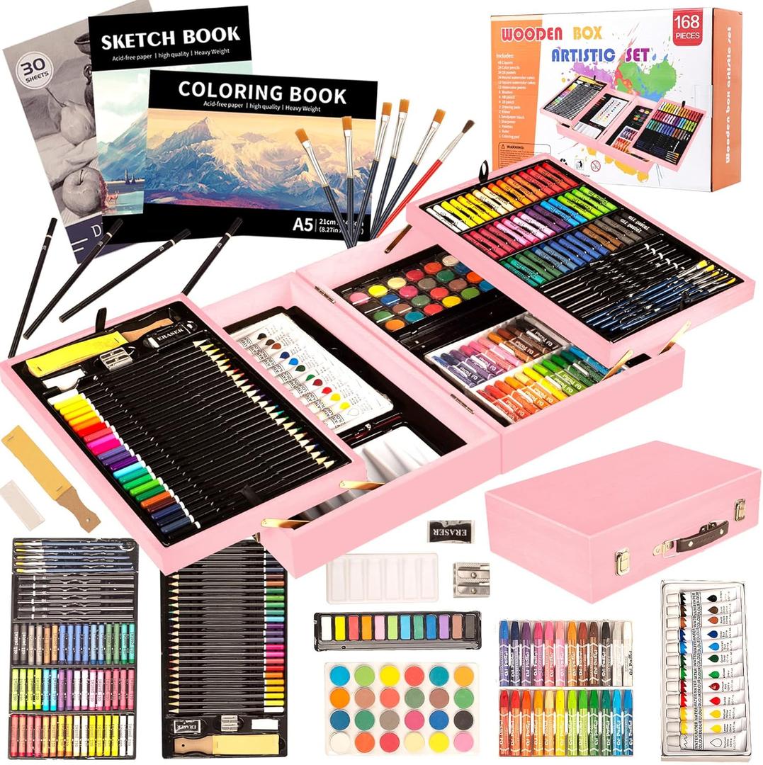 YArt Set, 168 Pack Wooden Art Stuffs, Painting Drawing Kits with 3pc Coloring Books, Oil Pastels, Watercolor Paints, Art Crafts kit, Deluxe Gift for Artist Beginners Kids Girls Boys
