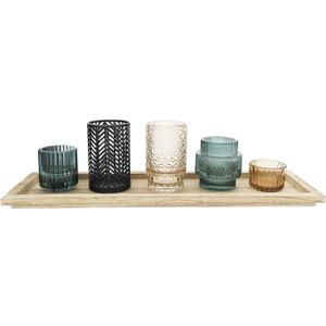Bloomingville Embossed Glass & Metal Tealight/Votive Holders on Rectangle Wood Tray (Set of 6 Pieces)