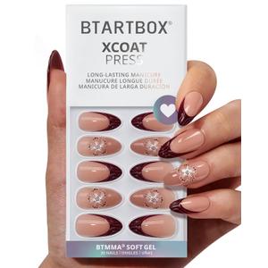 BTArtbox Press On Nails Medium - Rosewood, 3D Flower Almond Brown French Tip Press On Nails with Glue and Adhesive Tabs for Women, Soft Gel Glue On Nails in 15 Sizes - 30 Stick On Nails Kit