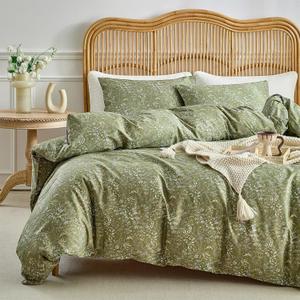 mixinni 3 Pieces Duvet Covers King Size, 100% Cotton Comforter Cover Wildflower Printed on Army Green Floral Bedding Set with Zipper Closure 4 Ties (1 Duvet Cover 104"x90", 2 Pillow Cases 20"x36")