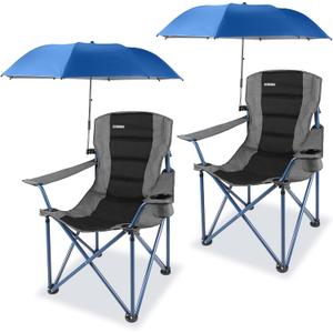 2 Pack Camping Chairs with Adjustable Umbrella-Folding Lawn Chair with American Flag Backrest-Heavy Duty Padded Camping Chair for Beach, Black