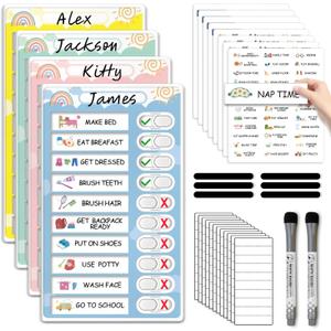 4 in 1 Namable Chore Chart for Kids, Dry Erase Morning/Bedtime Routine Chart for Kids for Refrigerator, Magnetic Visual Schedule for Kids Toddlers to Do List Checklist for Multiple Kids