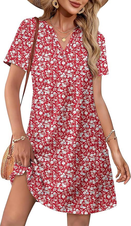 WIHOLL Dresses for Women 2025 Casual Summer V Neck Wedding Guest Dress Short Sleeve Fashion Beach Vacation Clothes, Size L