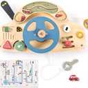 Wooden Montessori Busy Board - Steering Wheel Toy, Sensory Activity for Fine Motor Skills, Travel Educational Sensory Toys for 1-4 Year Olds