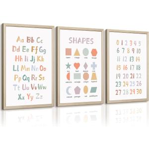 Kids Playroom Wall Art Decor Nursery ABC Alphabet Poster Play Room Canvas Wall Decor Toddler Childrens Educational Artwork Numbers Shapes Prints ABC Picture for Playroom 12x16 Inch Framed Set of 3