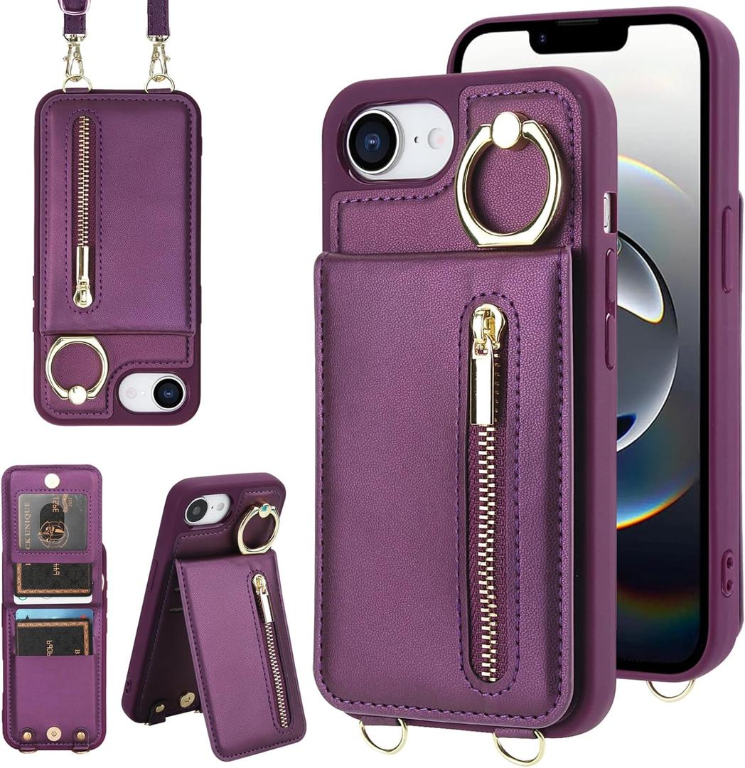 Jcxtrombulou Crossbody Wallet Case for iPhone 16E/17E with Lanyard Strap Card Slot Holder RFID Blocking 360 Ring Kickstand,Magnetic Flip Folio Zipper Purse Case, PU Leather Cover Handbag,Deep Purple