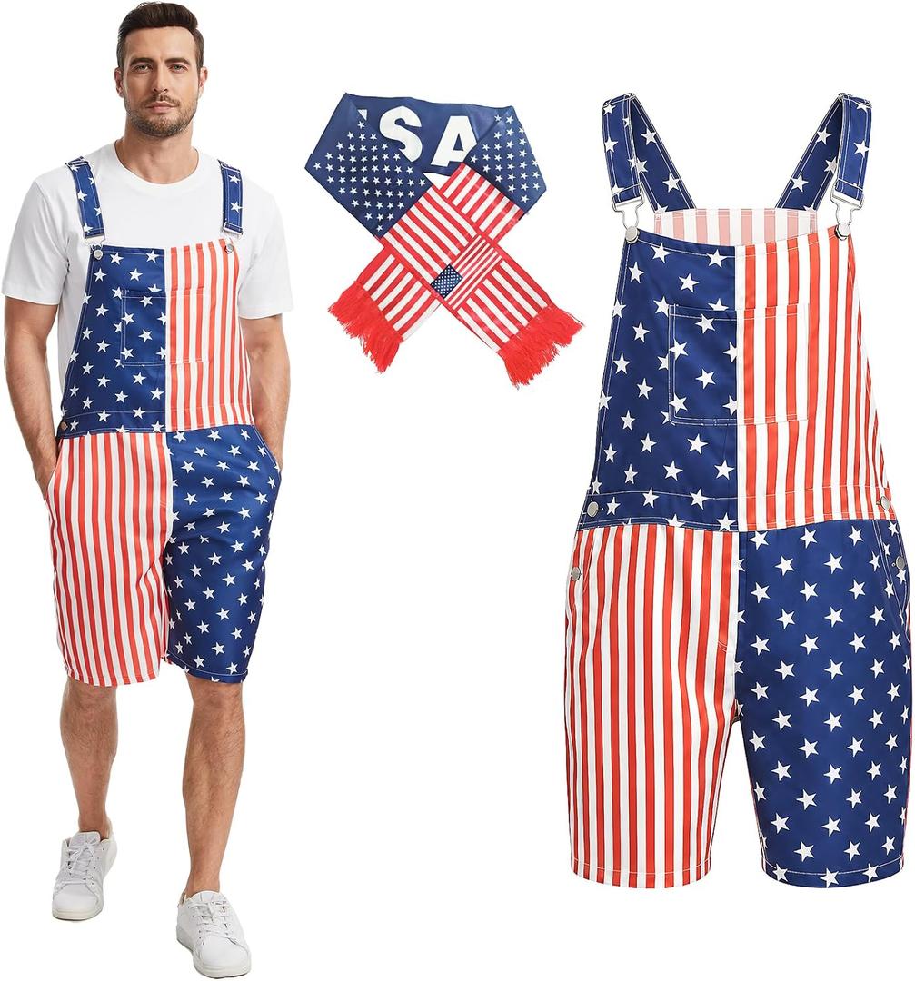 GYQMBT Unisex American Flag Overalls,4th of July Outfit Romper Bib Shorts,Jumpsuits Coveralls, Medium