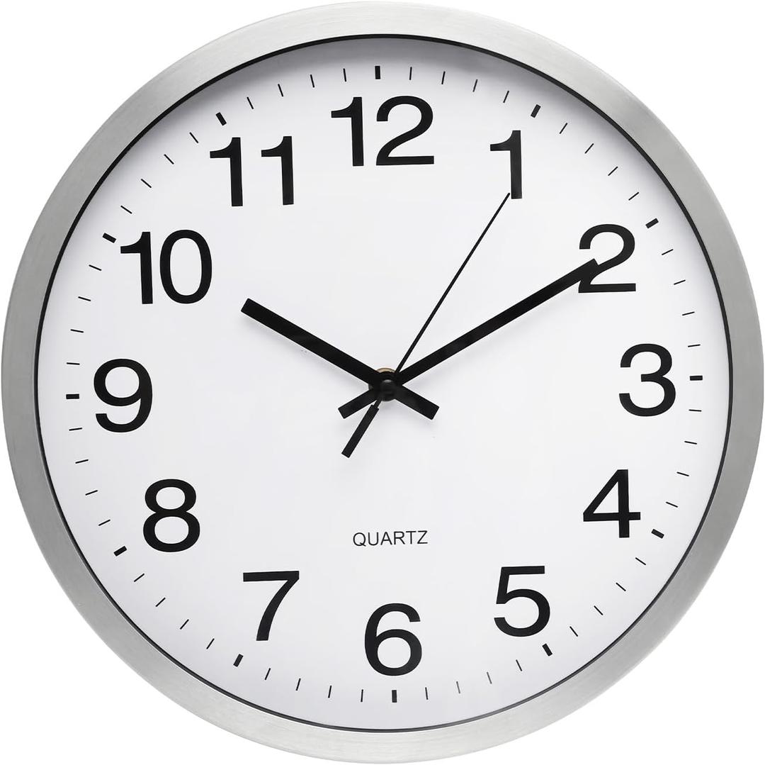 Wall Clock 12 Inch Silver Brushed Finish Silent Non Ticking Indoor Clock Round Battery Operated Stainless Steel Wall Clocks for Home, Office, Hotel, Bedroom, Living Room, Kitchen (White-silver Brushed Finish)