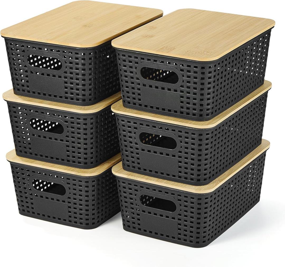 Plastic Storage Baskets With Bamboo Lid - Plastic Storage Containers Stackable Storage bins: Storage Baskets for Organizing Shelves Drawers Desktop Closet Playroom Classroom Office, 6 Pack (Black)