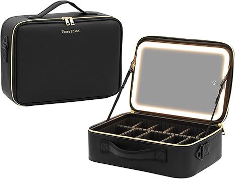 Large Size PU Cosmetics Train Case with LED Lighted Mirror Rechargeable 3 Color Lights Portable Makeup Artist Organizer with Adjustable Dividers and Shoulder Strap (Pure Black)