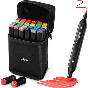 Alcohol Based Markers, 24 Colors Dual Tip Art Marker Set Fine & Chisel, Permanent Colored Pens for Adults Coloring Book Artists Illustration Sketch Lettering Drawing Cards Planner