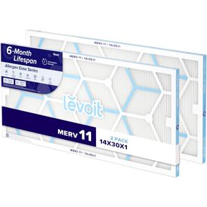LEVOIT 14x30x1 Air Filter MERV 11, 6-Month Pleated Furnace Filters for Home AC HVAC, High-Efficiency Allergen Defense for Pet, Dust and Smoke, 2 Pack (Actual Size 13.7×29.69×0.79 inches)