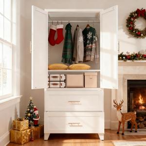 71 Inch Metal Wardrobe Cabinet with 2 Drawers & Hanging Rod, 2-Door Storage Closet with Adjustable Shelf, White Freestanding Wardrobe for Bedroom, Office, Entryway