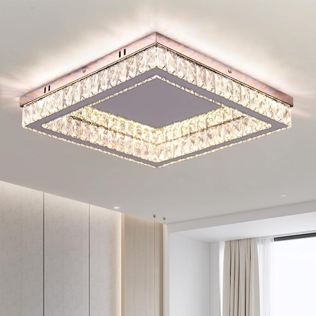 Finktonglan Dimmable Square Crystal LED Flush Mount Ceiling Light, 17.7" Low Profile Chandelier, 56W, Remote, 30006500K CCT, K9 Crystal & Stainless Steel for Living/Dining Room