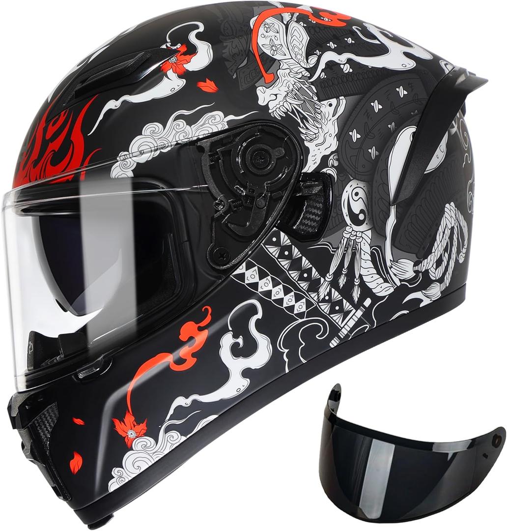 TRIANGLE Motorcycle Helmets Full face Helmet for Adults Men and Women Dual Visor with Internal Sunshield DOT Approved (Matte Black White, Large)