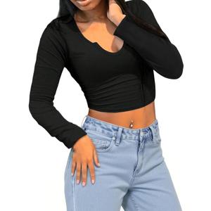 LovelyWholesale Long Sleeve Crop Tops for Women Sexy V Neck Cropped T Shirts Black Large (Black, L)