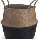 Seagrass Plant Basket with Handles Natural Woven Storage Baskets (Black 9 inch D x 11 inch H)