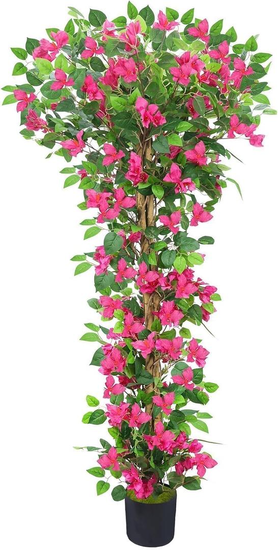 Artificial Bougainvillea Tree Tall Fake Plant Outdoor 5.5FT Pink Flower Tree Fake Tall Plant with Silk Flowers and Lifelike Wood Trunk,Faux Trees Indoor for Home Front Porch Garden Decor