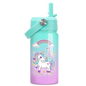 Unicorn Kids Ocean Water Bottle - 12 Oz Insulated Stainless Steel with Straw Lid - Toddler Travel Cup for School & Sports