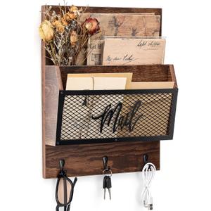 Yalikop Farmhouse Mail Organizer Wall Mounted Rustic Mail Holder Hanging Key Sorter with 3 Hooks Indoor Wooden Wall Mounted, Letter, Magazines, Newspapers, Keys (Classics,Brown)