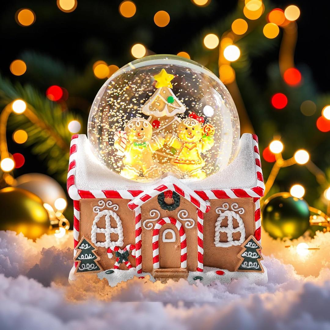 MUMTOP Christmas Snow Globes, Snow Globes Christmas with Music, Gingerbread Man Snow Globe, Candy House Snowglobe Color Changing LED Lights Birthday Gift Decor for Kids Girls and Boys