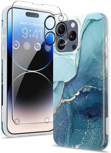 GVIEWIN Marble for iPhone 15 Pro Case, with Screen Protector & Camera Lens Protector, [10FT Military Grade Drop Protection] Slim TPU Phone Case Cover Women for iPhone 15 Pro 6.1" (Navy Blue)