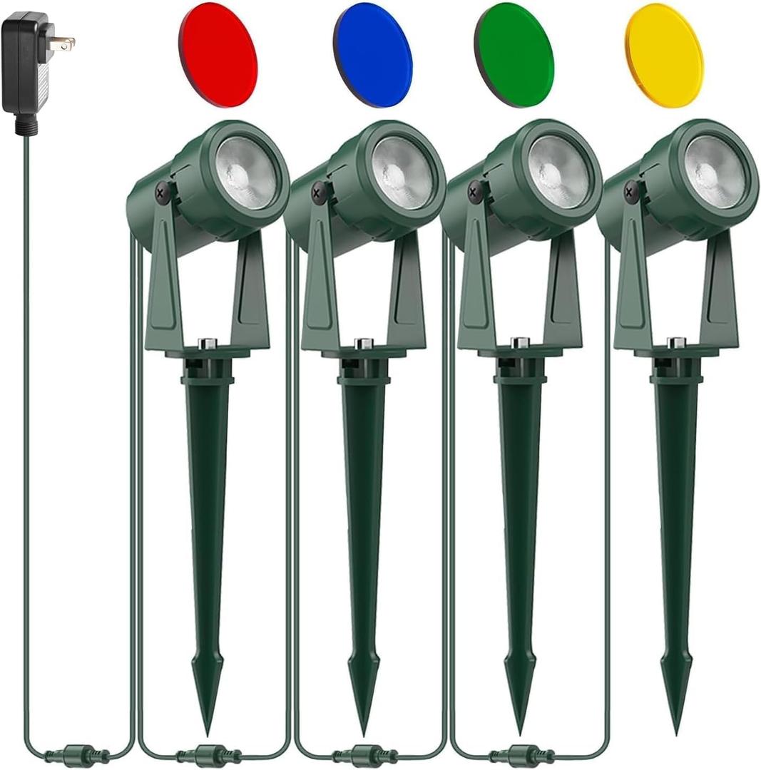 SUNTHIN Outdoor Landscape Lighting, 4 Pack Outdoor Spot Lights with 4 Colorful Lens and Power Supply, Green Shell, IP65 Waterproof & Connectable