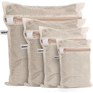 100% Cotton Mesh Laundry Bags, Premium Soft, No Dye, Set of 4, Natural