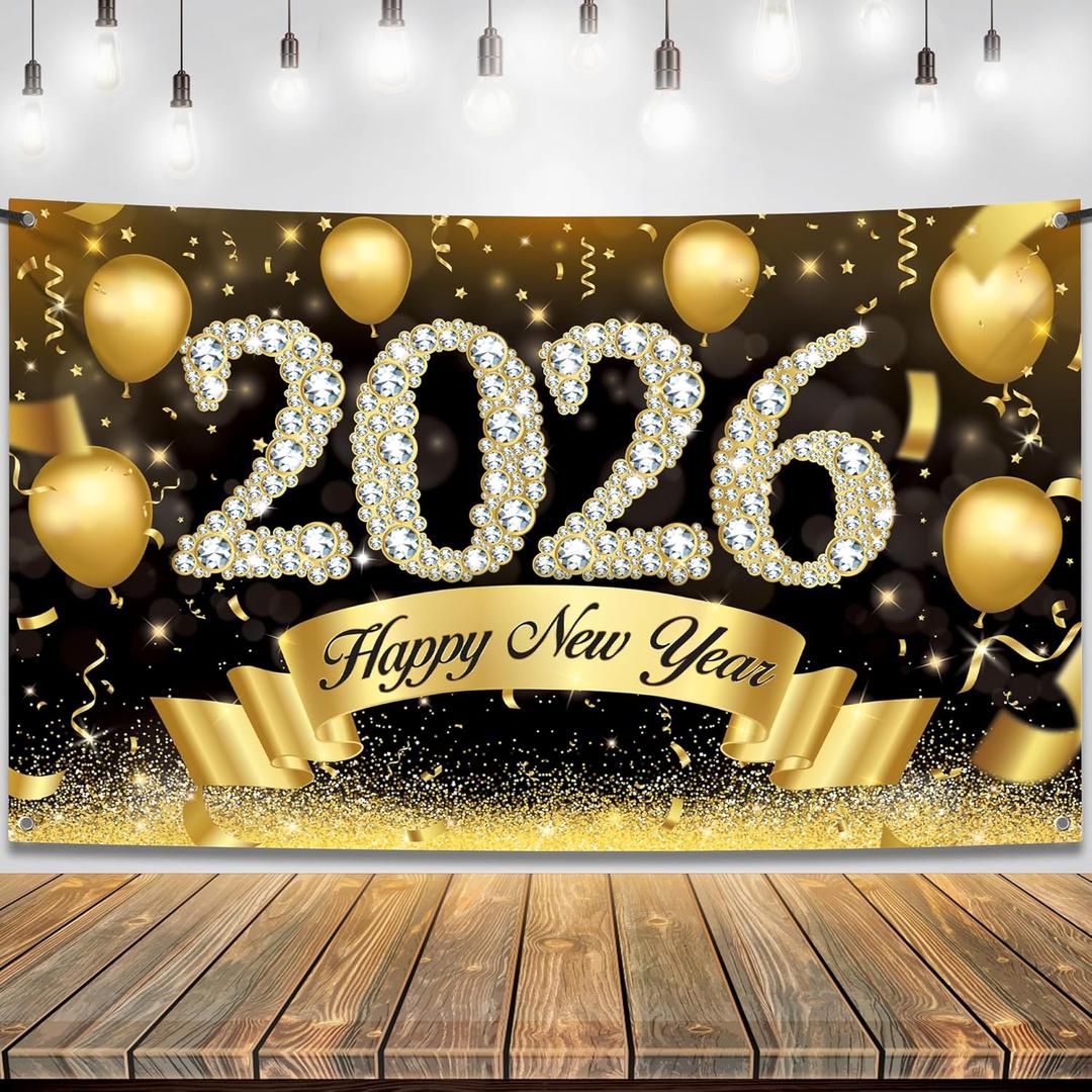 Katchon, Xtralarge Happy New Year Banner - 72x44 Inch | Happy New Year 2026 Banner for New Years Decorations 2026 | New Years Backdrop for New Years Eve Party Supplies 2026 | NYE Decorations 2026 (Gold)