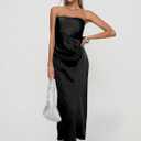 DAAWENXI Women's Summer Sexy Strapless Satin Tube Bodycon Midi Dress Side Slit Cocktail Party Long Dresses Black (Black, M)