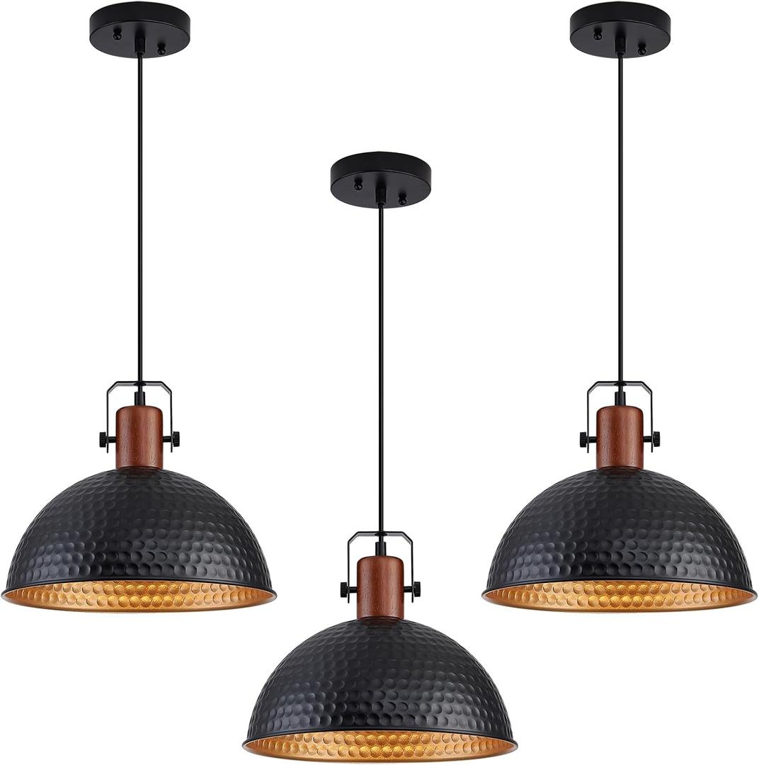 12 Inch Black Pendant Lights Hammered Matte Pendant Lights for Kitchen Island Industrial Farmhouse Adjustable Height Dome Hanging Light Fixtures for Barn, Dining Room 3 Packs