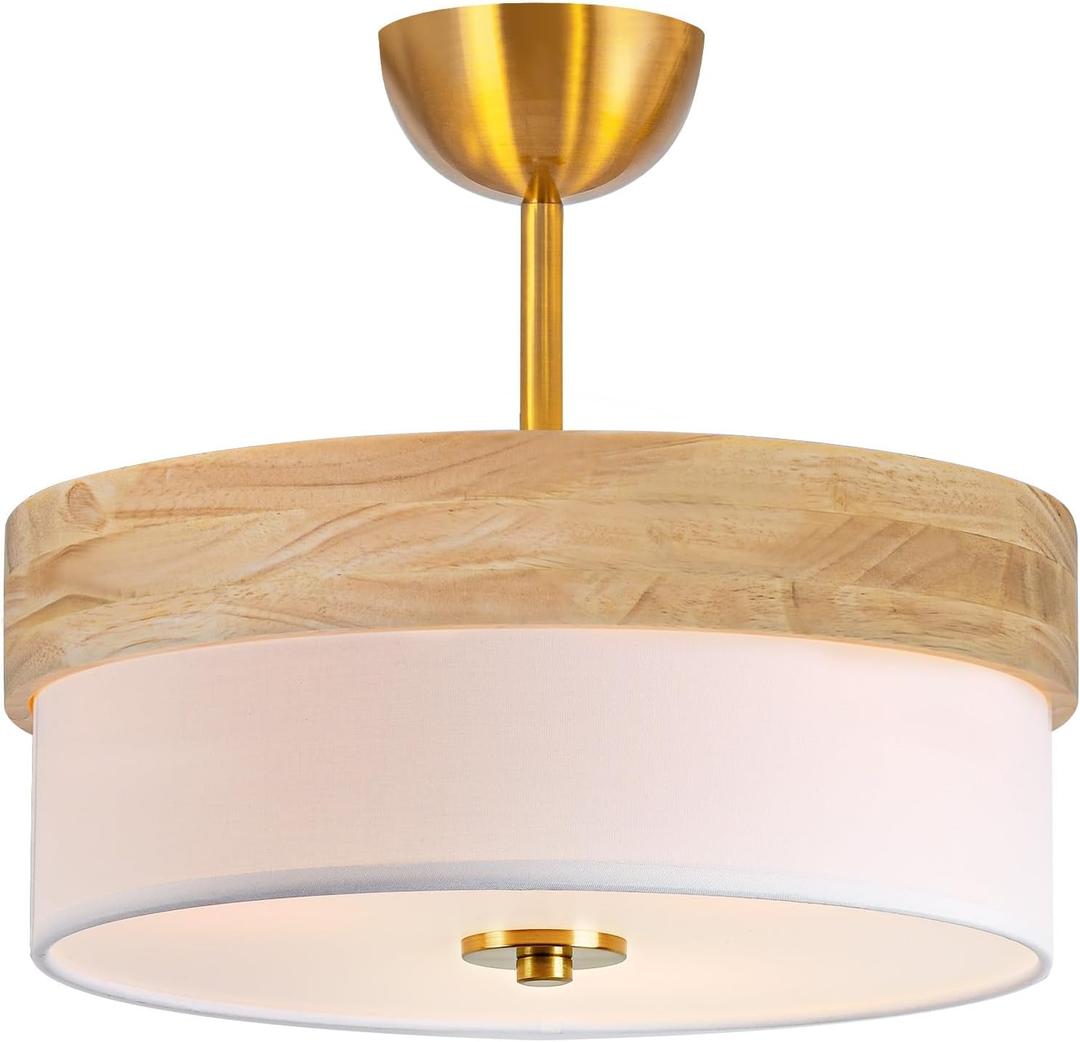Bargeni Semi Flush Mount Ceiling Light Fixture,13 Inch Gold Light Fixtures Ceiling Mount, Natural Wood Trim with Cream White Fabric Shade, Modern Flush Mount Light Fixture for Bedroom,Hallway,Kitchen
