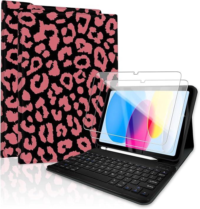 TopPerfekt for Bluetooth Keyboard iPad 10th Gen 10.9 inch (2022) case iPad (A16) 11th/ 10th Gen Case 11'' (2025) with 7Color Backlights, Pencil Holder, Detachable, Rechargeable  Leopard Rose Pink