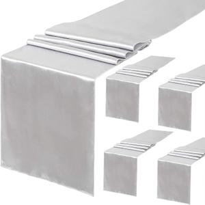 5 Pack Silver Table Runners 12 x 108 Inches Long Smooth Silk Silver Satin Table Runner for Wedding Party Birthday Banquet Decoration