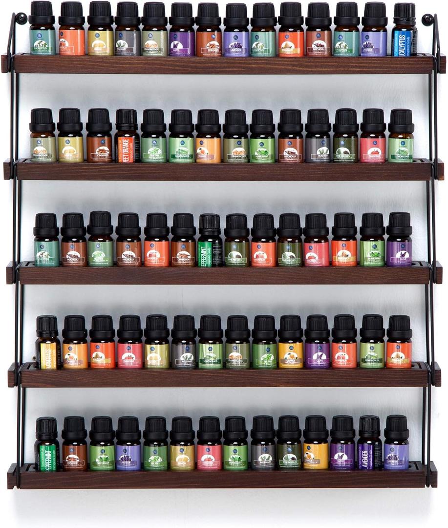 J JACKCUBE DESIGN Essential Oils Display Shelves Wall Mount Black Metal and Wood, Nail Polish Paint Holder Rack Organizer Holds 70 Bottles (5 Tier) : MK482A