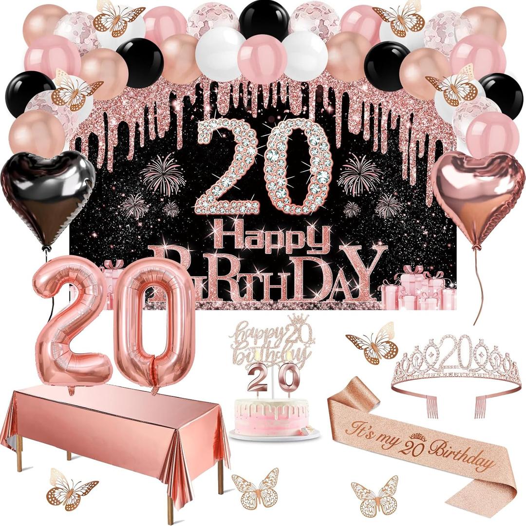 20th Birthday Decorations for Her, 49pcs Black Rose Gold Black Banner, Tablecloth, Butterfly Decor, 20th Birthday Sash and Tiara, Cake Topper, Candles, Balloons Arch