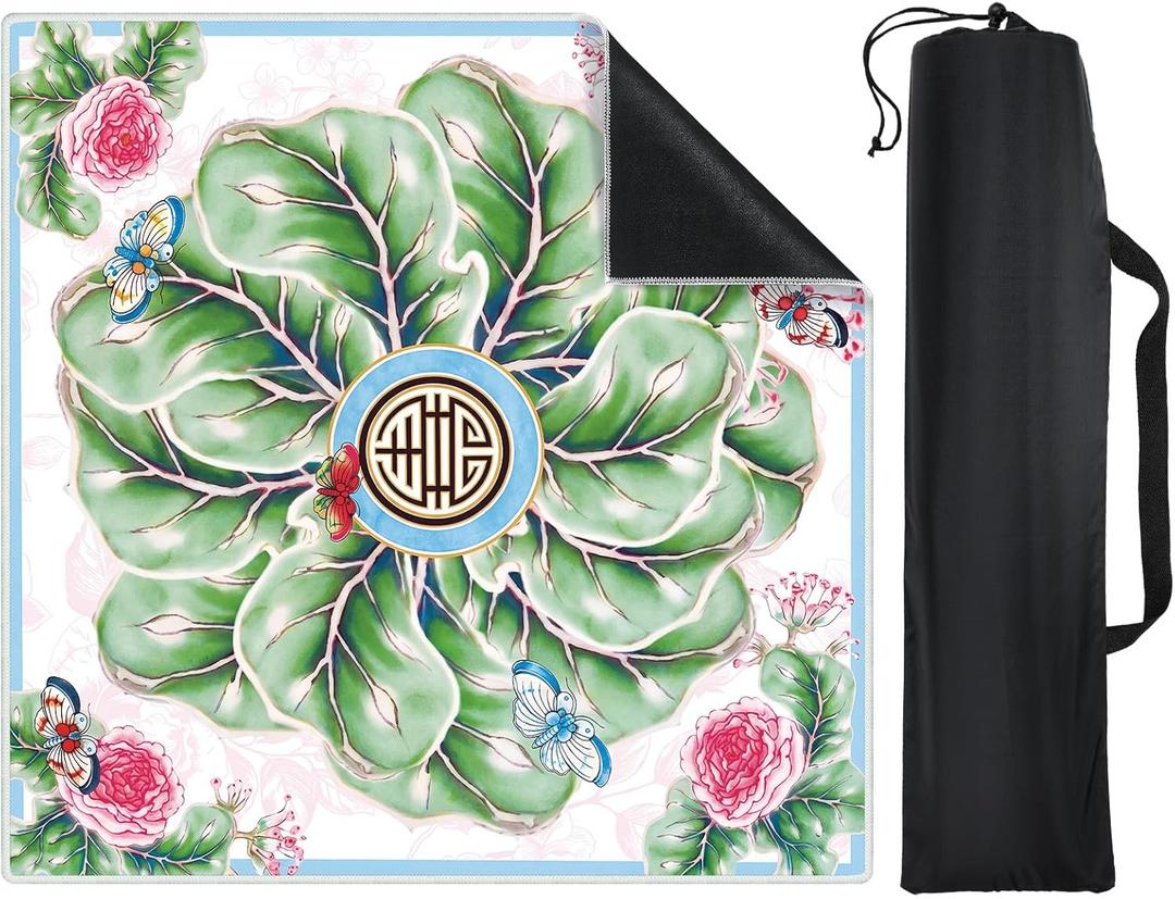 Chinoiserie Mahjong Mat for Table, American Mahjong Mat with Carry Bag, 31.5 x 31.5 Inch, Anti-Slip, Noise-reducing Gaming Table Cover for Poker Board Dominoes Card Games(Bok Choy)