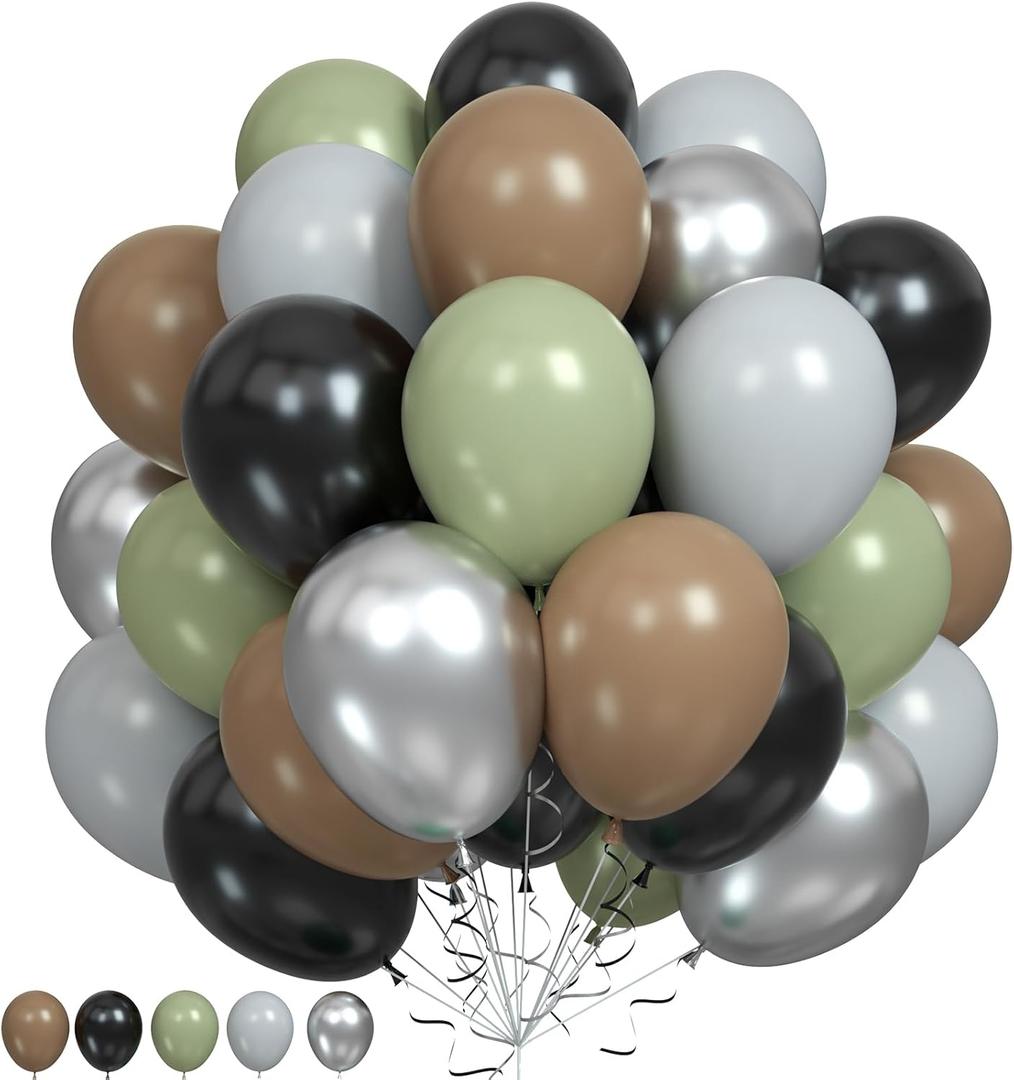 Green Black Grey Balloons, 50Pcs 12 Inches Sage Green Brown Metallic Silver Balloons for Boy Girl Birthday Party Decorations Baby Shower Graduation Party Supplies
